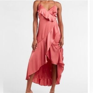 Elegant Coral Ruffle Wrap Dress